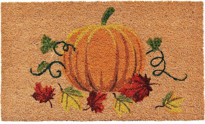 17" X 29" Natural And Orange Pumpkin Outdoor Coir Door Mat HomeRoots