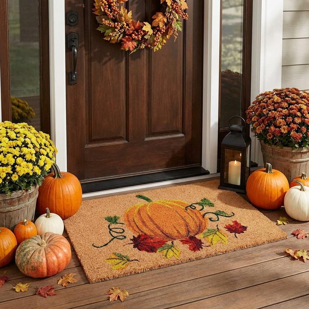 17" X 29" Natural And Orange Pumpkin Outdoor Coir Door Mat HomeRoots