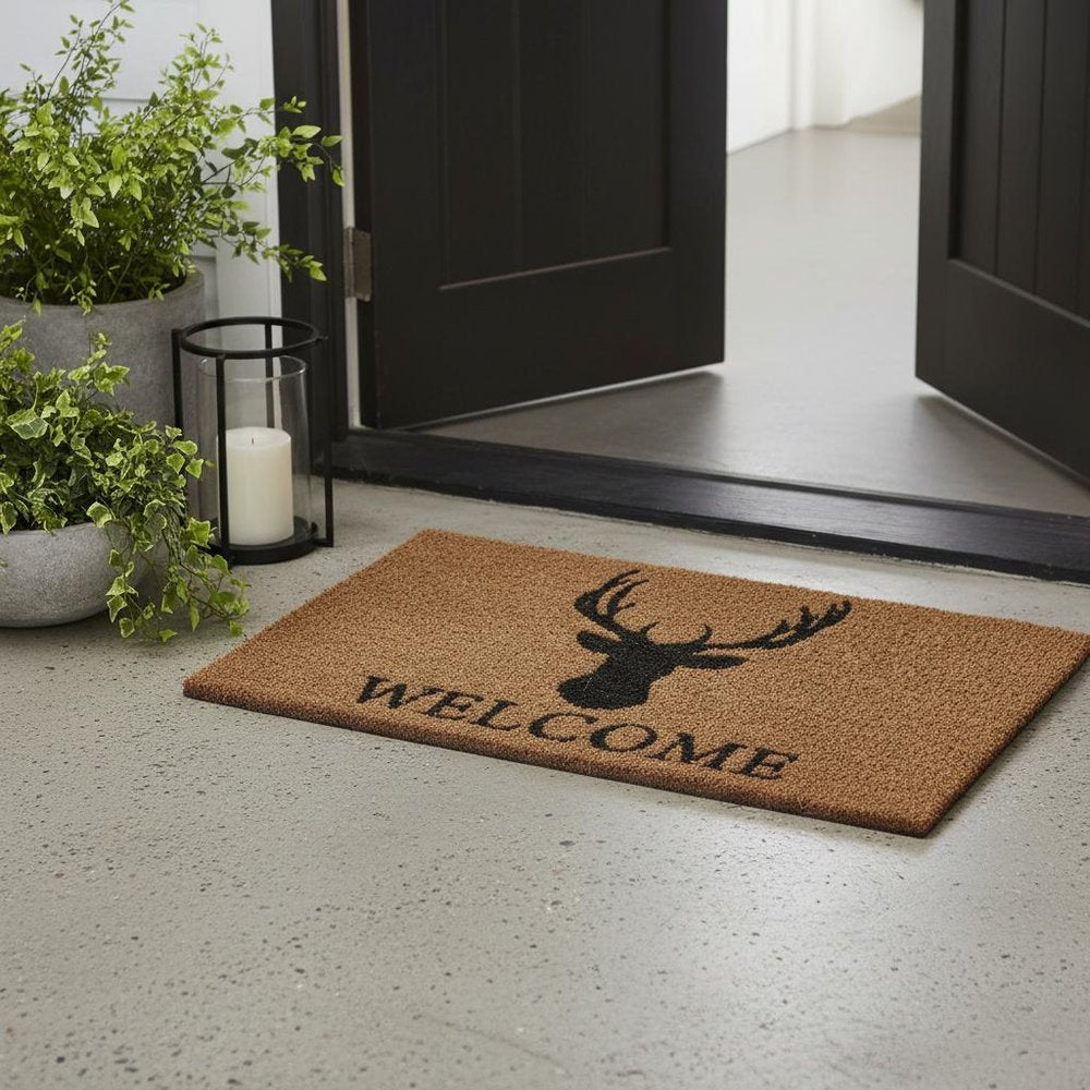 24" X 36" Natural and Black Coir Stag Welcome Outdoor Door Mat HomeRoots
