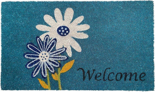 17" X 29" Blue and White Coir Floral Welcome Outdoor Door Mat HomeRoots