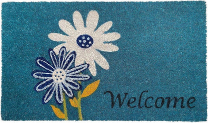 17" X 29" Blue and White Coir Floral Welcome Outdoor Door Mat HomeRoots