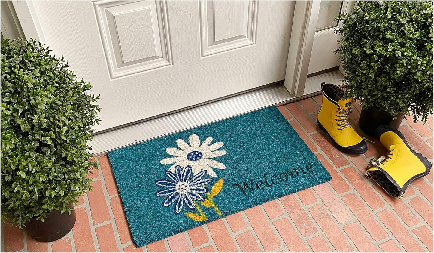 17" X 29" Blue and White Coir Floral Welcome Outdoor Door Mat