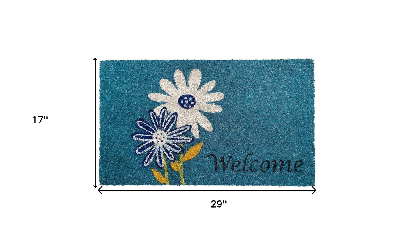 17" X 29" Blue and White Coir Floral Welcome Outdoor Door Mat