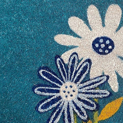 17" X 29" Blue and White Coir Floral Welcome Outdoor Door Mat