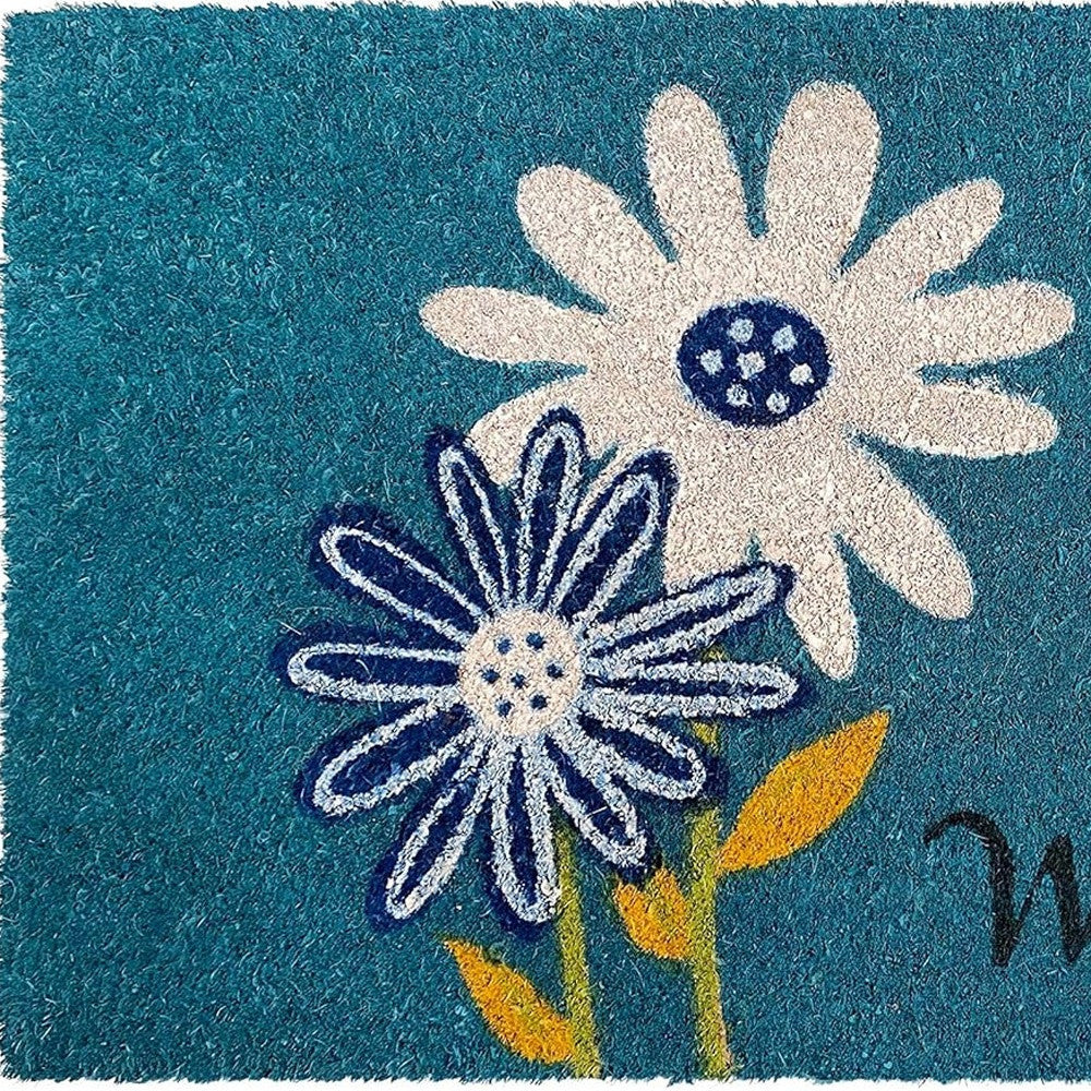 17" X 29" Blue and White Coir Floral Welcome Outdoor Door Mat