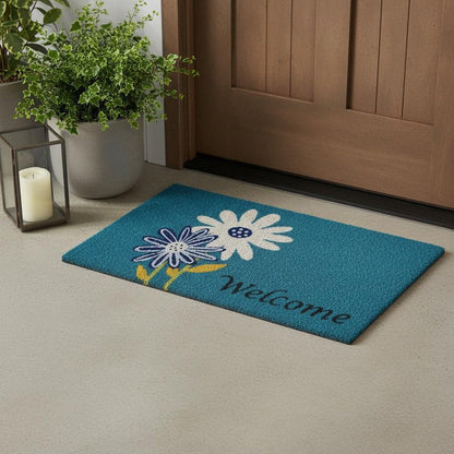 17" X 29" Blue and White Coir Floral Welcome Outdoor Door Mat HomeRoots