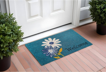 17" X 29" Blue and White Coir Floral Welcome Outdoor Door Mat