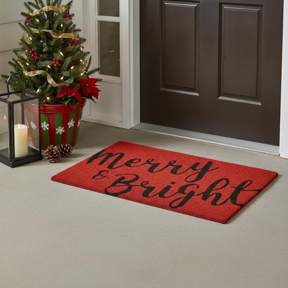 24" X 36" Red and Black Coir Merry and Bright Outdoor Christmas Door Mat HomeRoots