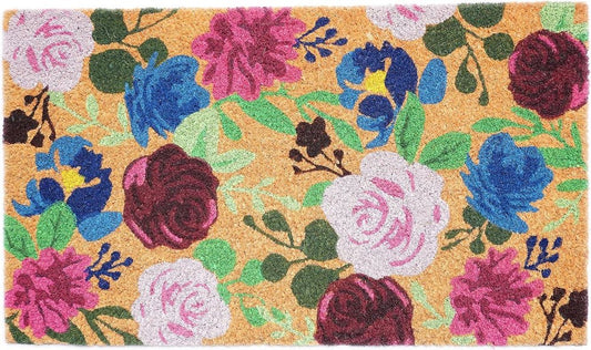 24" X 36" Natural Pink and Green Coir Floral Outdoor Door Mat HomeRoots
