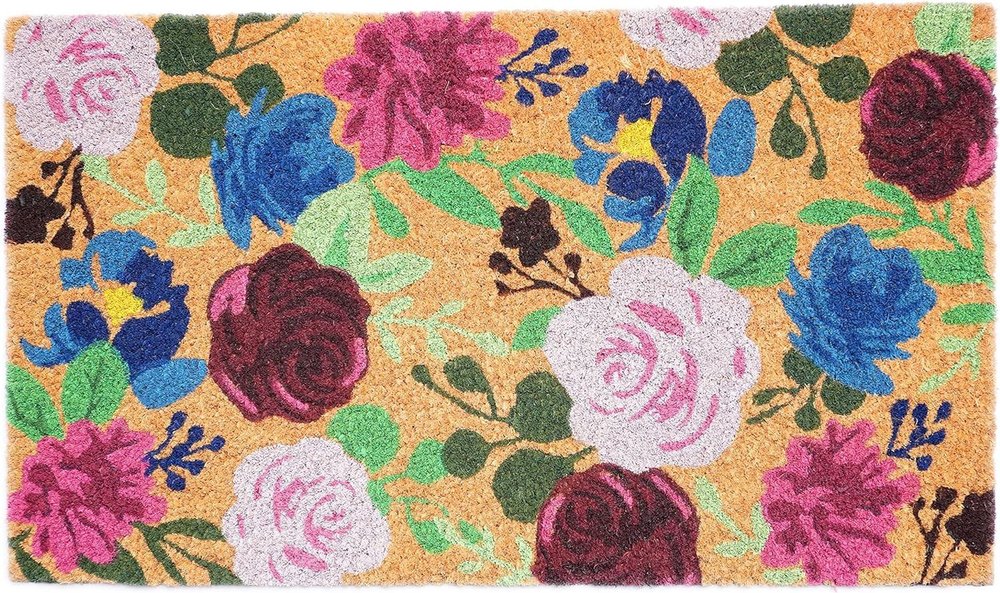 24" X 36" Natural Pink and Green Coir Floral Outdoor Door Mat HomeRoots