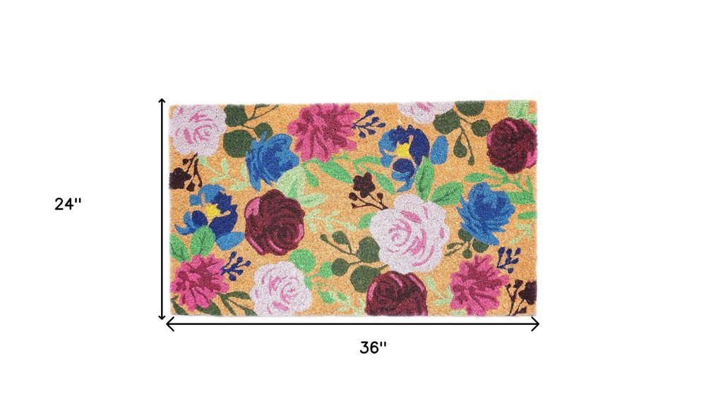24" X 36" Natural Pink and Green Coir Floral Outdoor Door Mat HomeRoots