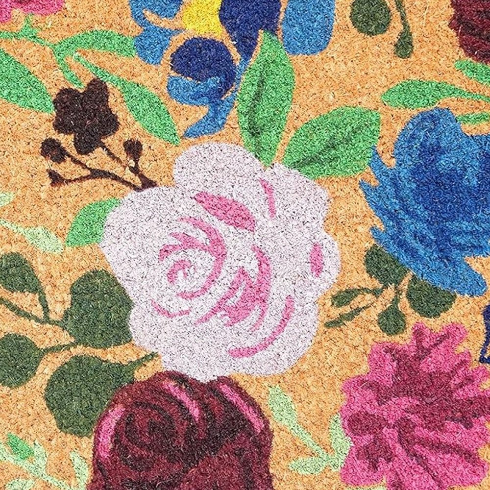 24" X 36" Natural Pink and Green Coir Floral Outdoor Door Mat HomeRoots