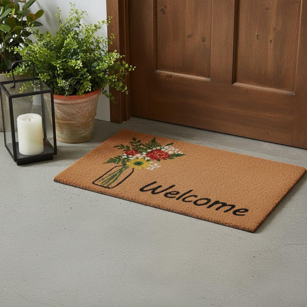 17" X 29" Natural Green and Black Coir Floral Welcome Outdoor Door Mat HomeRoots