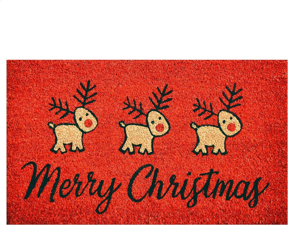 24" X 36" Red and Black Coir Reindeer Merry Christmas Outdoor Christmas Door Mat HomeRoots