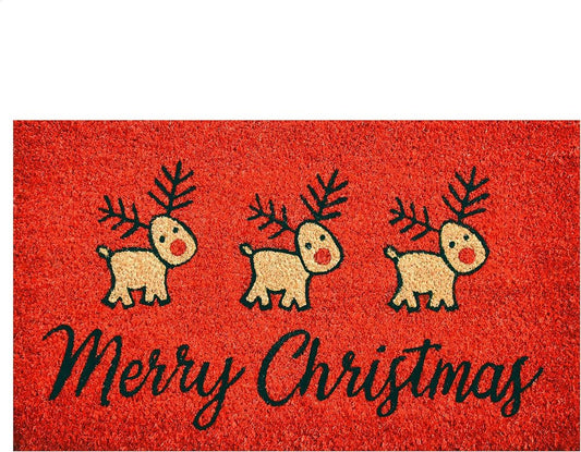 24" X 36" Red and Black Coir Reindeer Merry Christmas Outdoor Christmas Door Mat HomeRoots