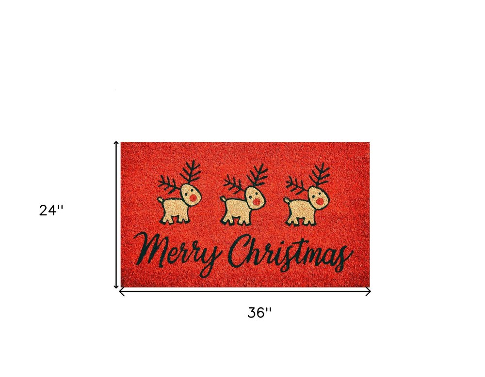 24" X 36" Red and Black Coir Reindeer Merry Christmas Outdoor Christmas Door Mat HomeRoots