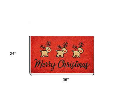 24" X 36" Red and Black Coir Reindeer Merry Christmas Outdoor Christmas Door Mat HomeRoots