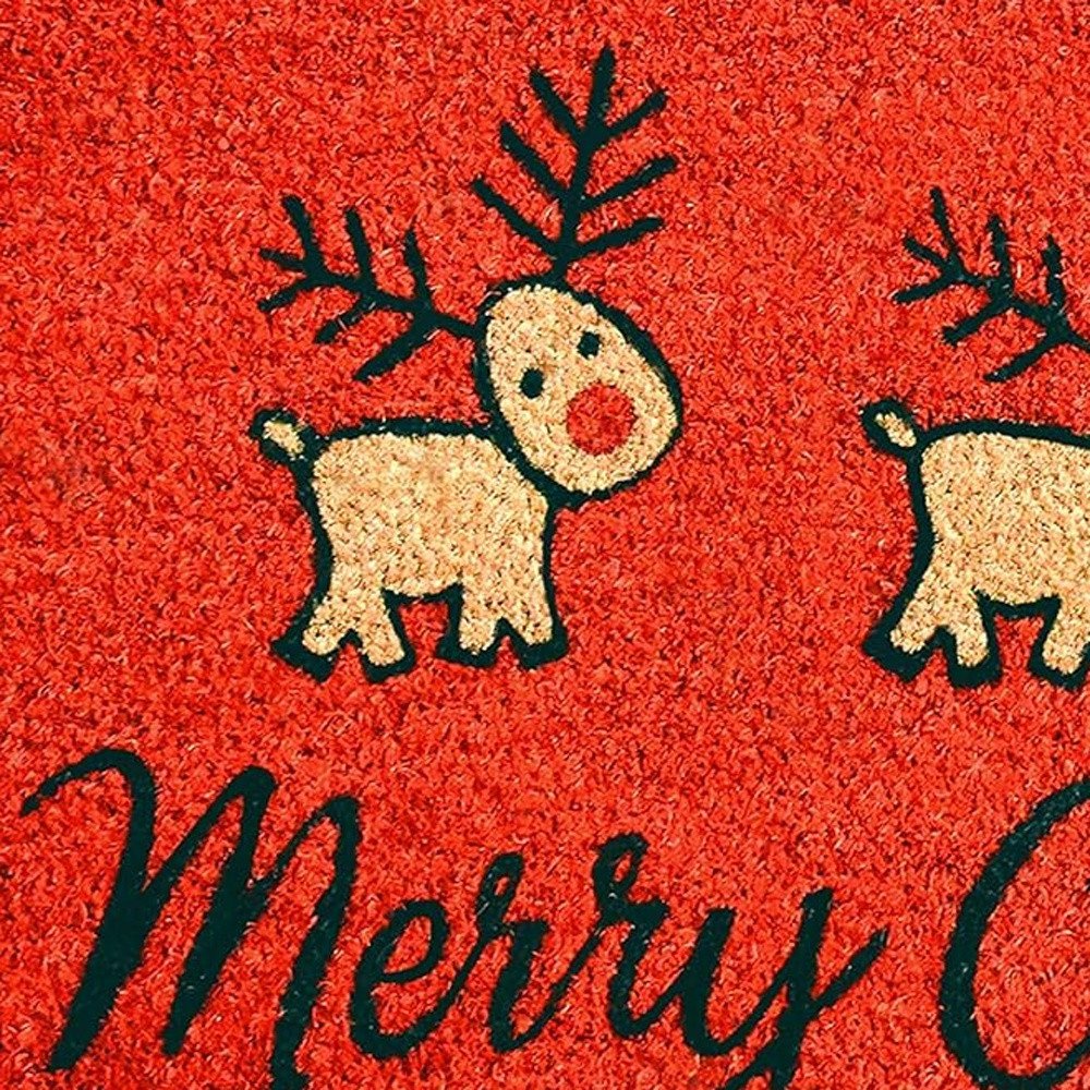 24" X 36" Red and Black Coir Reindeer Merry Christmas Outdoor Christmas Door Mat HomeRoots