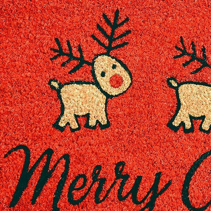 24" X 36" Red and Black Coir Reindeer Merry Christmas Outdoor Christmas Door Mat HomeRoots