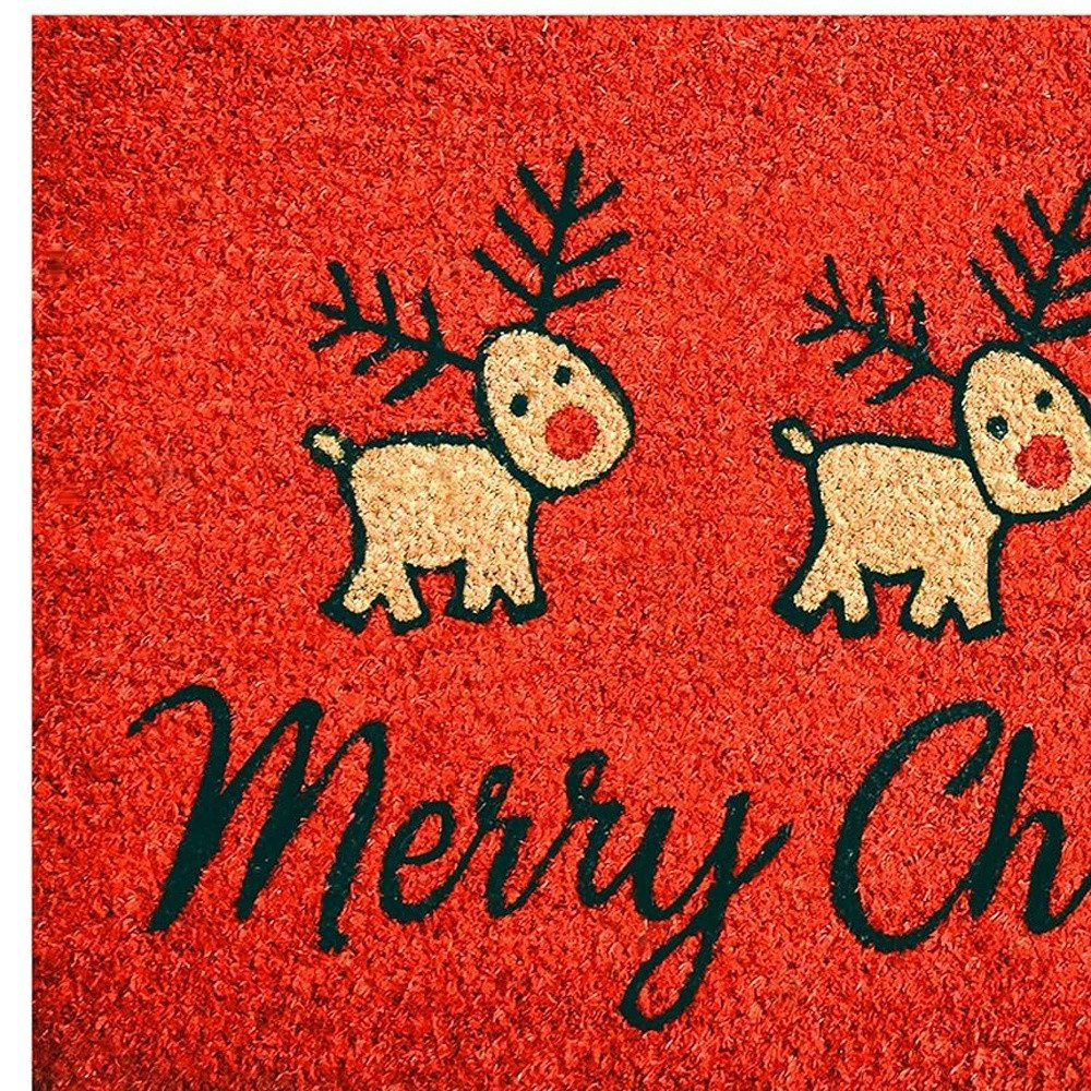 24" X 36" Red and Black Coir Reindeer Merry Christmas Outdoor Christmas Door Mat HomeRoots