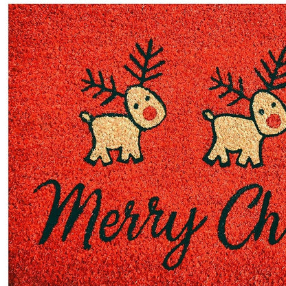 24" X 36" Red and Black Coir Reindeer Merry Christmas Outdoor Christmas Door Mat HomeRoots