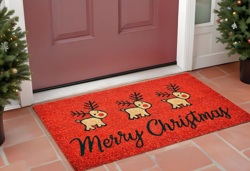 24" X 36" Red and Black Coir Reindeer Merry Christmas Outdoor Christmas Door Mat HomeRoots