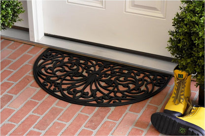 18" X 30" Black Rubber Scrollwork Welcome Outdoor Semi Circle Door Mat HomeRoots