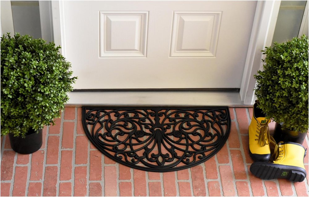 18" X 30" Black Rubber Scrollwork Welcome Outdoor Semi Circle Door Mat HomeRoots