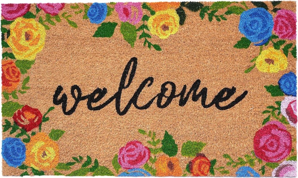 24" X 36" Natural and Black Coir Floral Welcome Outdoor Door Mat HomeRoots