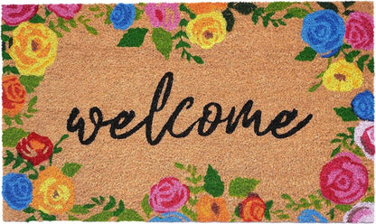 24" X 36" Natural and Black Coir Floral Welcome Outdoor Door Mat HomeRoots