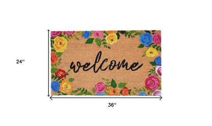 24" X 36" Natural and Black Coir Floral Welcome Outdoor Door Mat HomeRoots