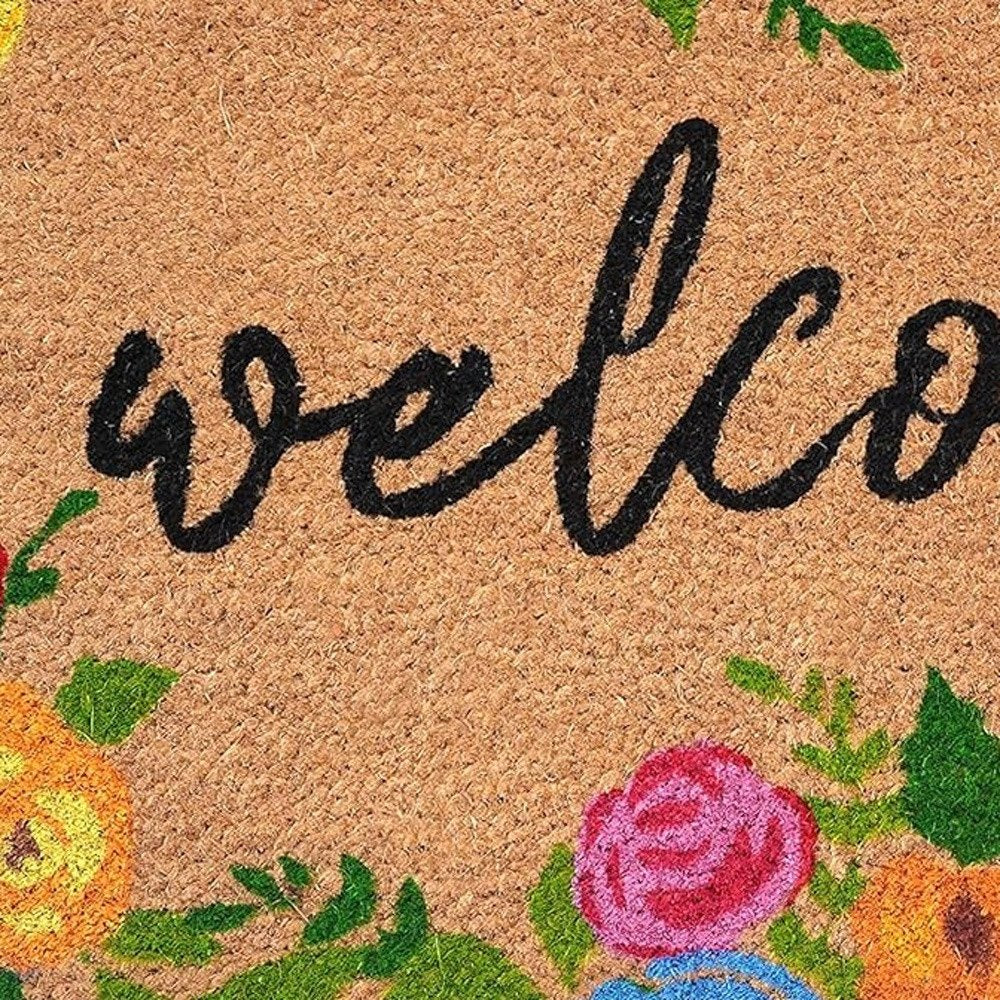 24" X 36" Natural and Black Coir Floral Welcome Outdoor Door Mat HomeRoots