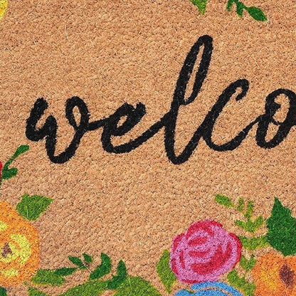 24" X 36" Natural and Black Coir Floral Welcome Outdoor Door Mat HomeRoots