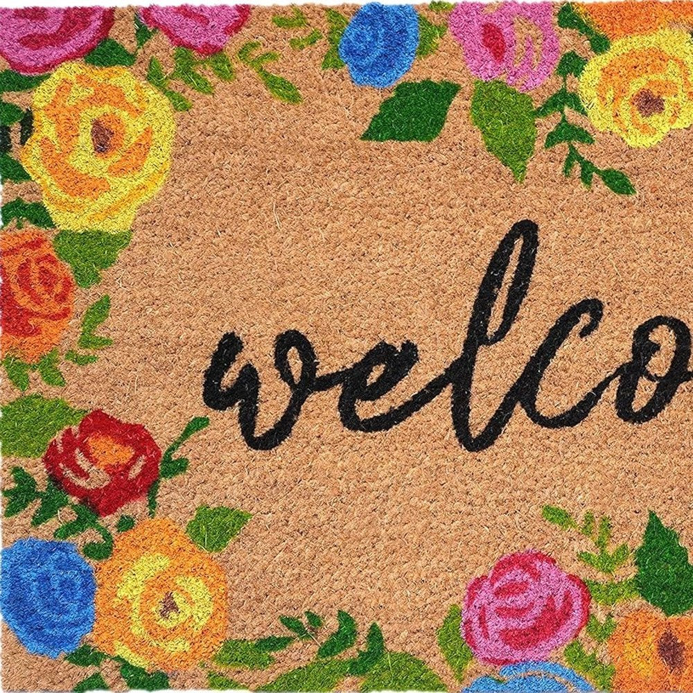 24" X 36" Natural and Black Coir Floral Welcome Outdoor Door Mat HomeRoots