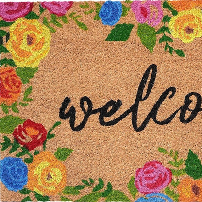 24" X 36" Natural and Black Coir Floral Welcome Outdoor Door Mat HomeRoots