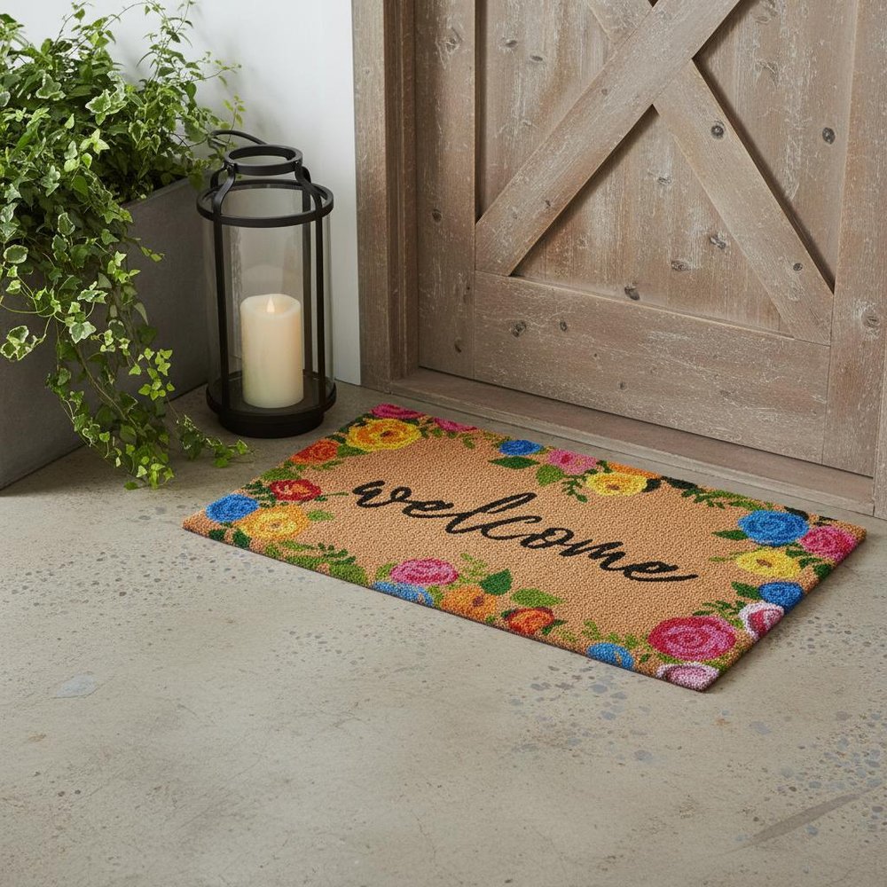 24" X 36" Natural and Black Coir Floral Welcome Outdoor Door Mat HomeRoots
