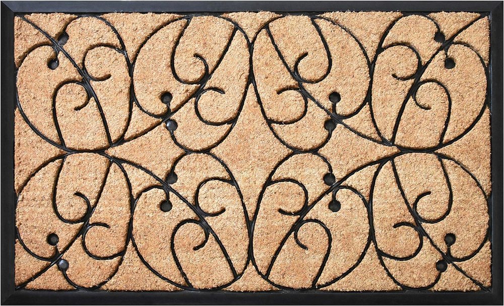 24" X 36" Natural and Black Coir Botanical Leaves Outdoor Door Mat HomeRoots