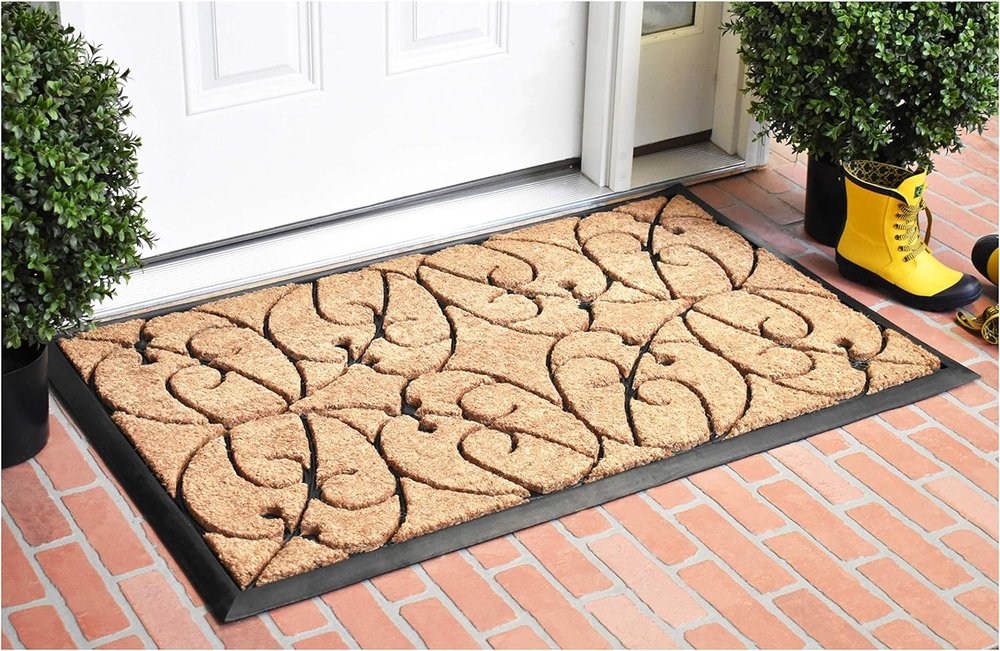 24" X 36" Natural and Black Coir Botanical Leaves Outdoor Door Mat HomeRoots