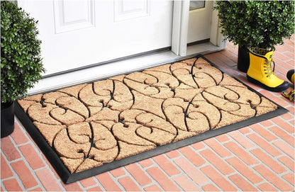 24" X 36" Natural and Black Coir Botanical Leaves Outdoor Door Mat HomeRoots