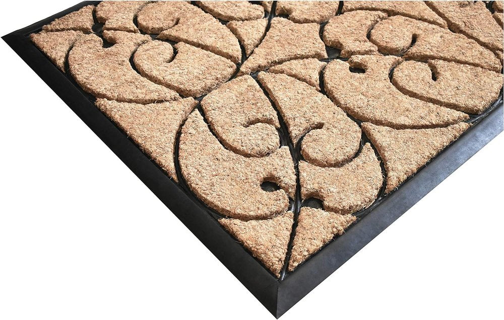 24" X 36" Natural and Black Coir Botanical Leaves Outdoor Door Mat HomeRoots