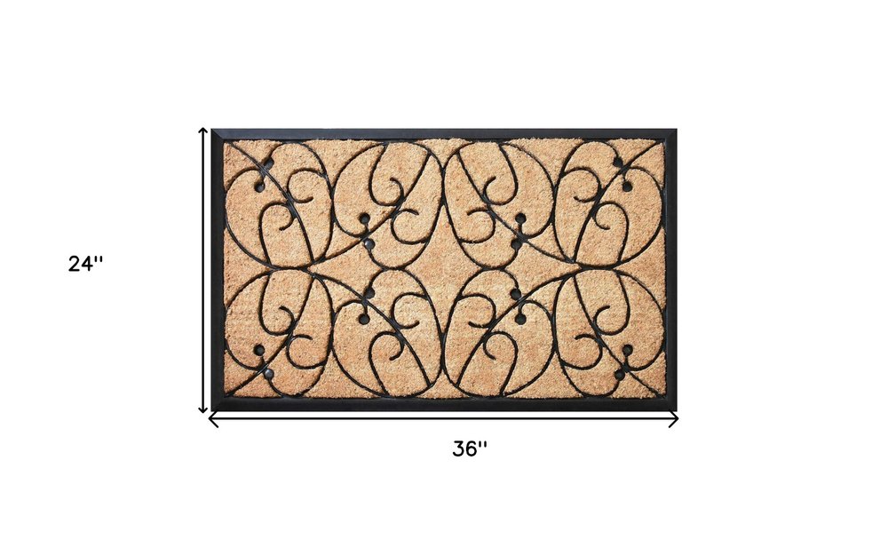 24" X 36" Natural and Black Coir Botanical Leaves Outdoor Door Mat HomeRoots
