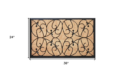 24" X 36" Natural and Black Coir Botanical Leaves Outdoor Door Mat HomeRoots