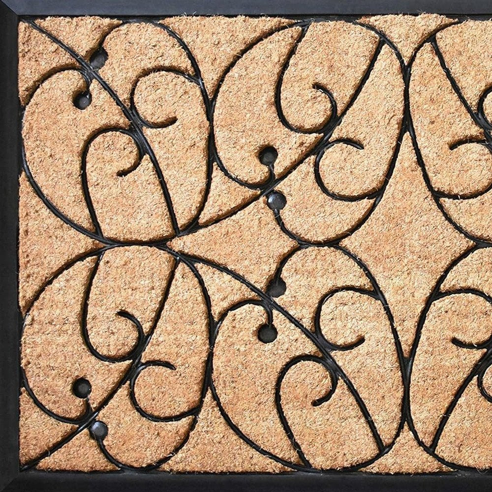 24" X 36" Natural and Black Coir Botanical Leaves Outdoor Door Mat HomeRoots