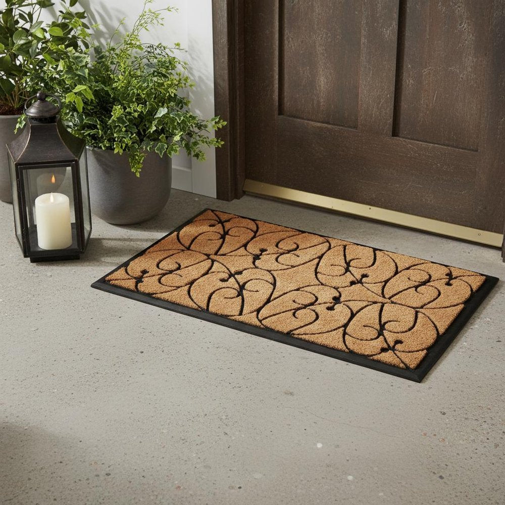 24" X 36" Natural and Black Coir Botanical Leaves Outdoor Door Mat HomeRoots