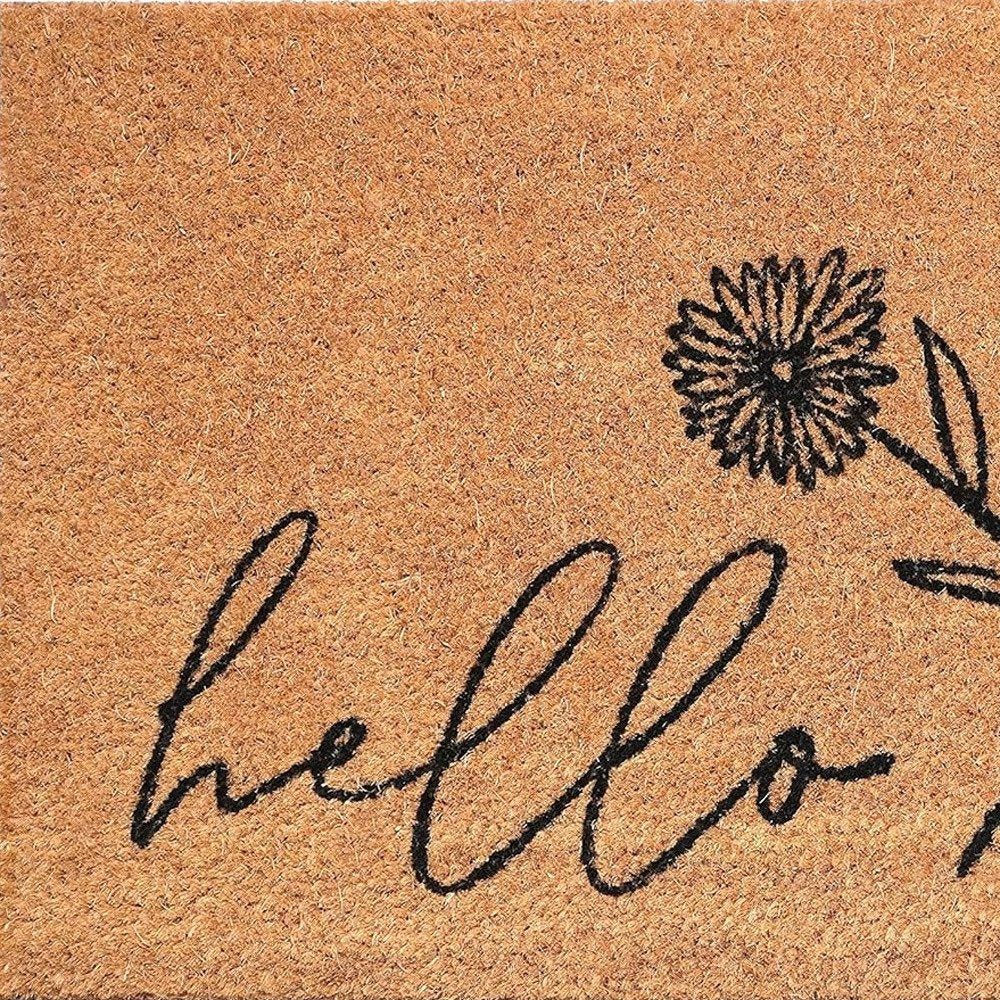 24" X 36" Natural and Black Coir Floral Hello Outdoor Door Mat HomeRoots
