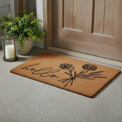 24" X 36" Natural and Black Coir Floral Hello Outdoor Door Mat HomeRoots