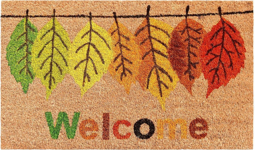 17" X 29" Natural Green And Orange Botanical Leaves Welcome Outdoor Coir Door Mat HomeRoots
