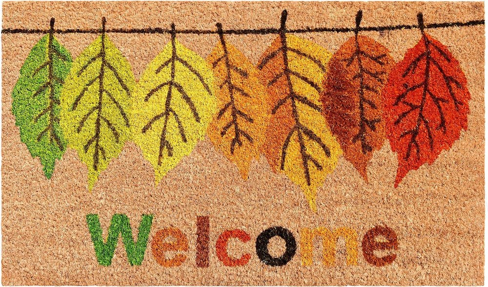 17" X 29" Natural Green and Orange Coir Botanical Leaves Welcome Outdoor Fall Door Mat HomeRoots