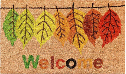 17" X 29" Natural Green and Orange Coir Botanical Leaves Welcome Outdoor Fall Door Mat HomeRoots