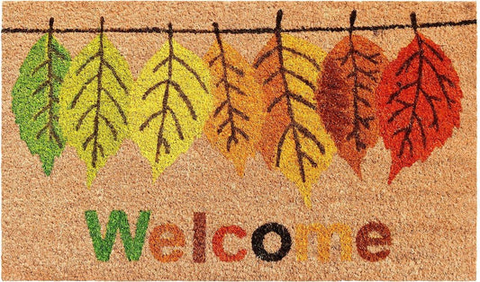 17" X 29" Natural Green And Orange Botanical Leaves Welcome Outdoor Coir Door Mat HomeRoots